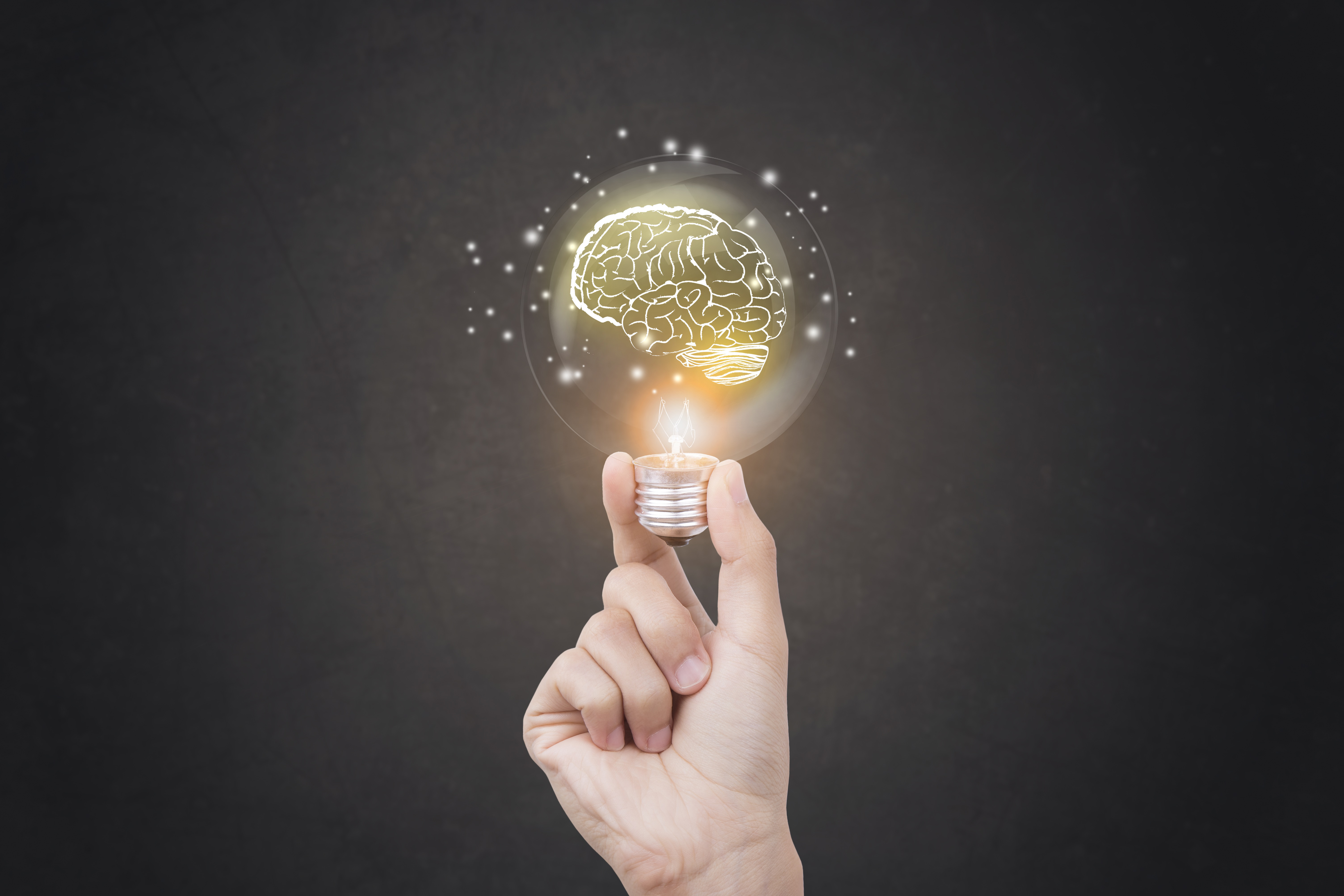 Image of a lit bulb with the image of a brain inside he bulb.